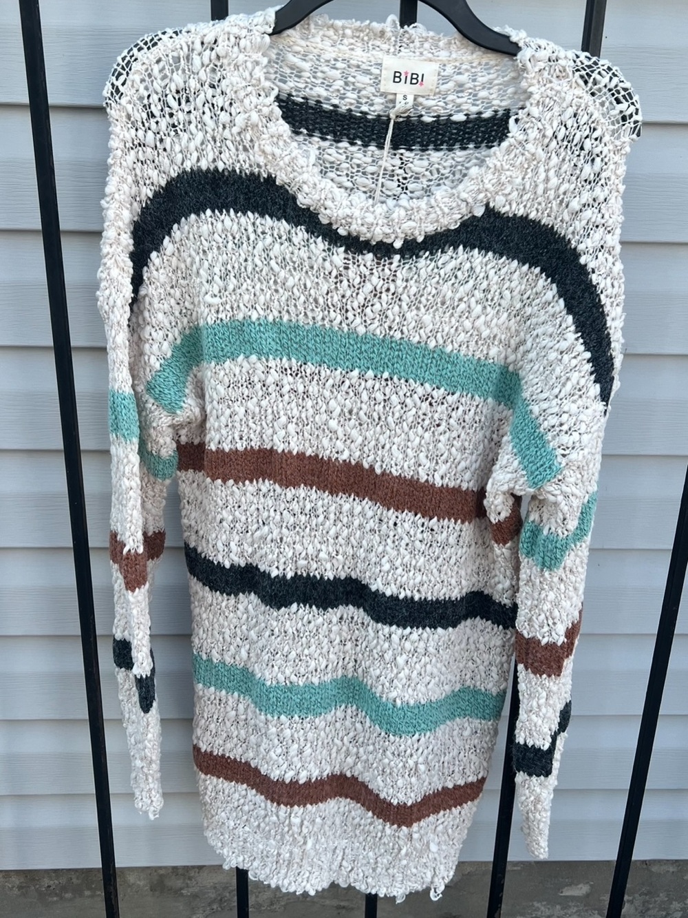 BiBi Cream Open-Knit Crewneck Sweater with Teal, Brown & Black Stripes
